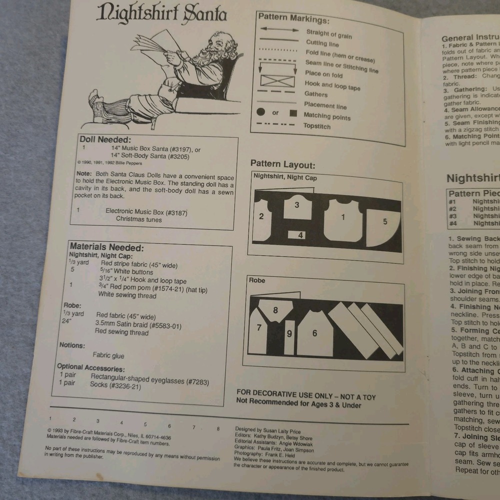 Fibre-Craft Nightshirt Santa Sewing Pattern FCM334 Fits 14" Santa Doll Uncut - Picture 5 of 12